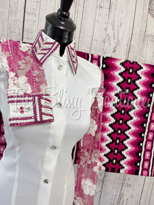 White & Fuchsia Day Shirt Set With Lace Sleeves (S)