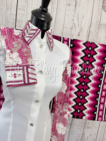 White & Fuchsia Day Shirt Set With Lace Sleeves (S)