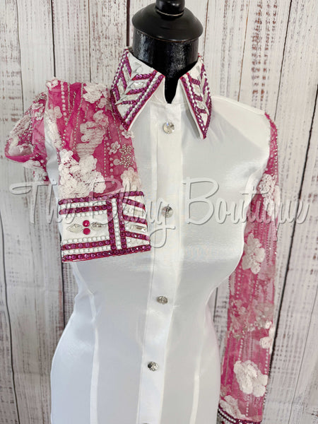 White & Fuchsia Day Shirt Set With Lace Sleeves (S)