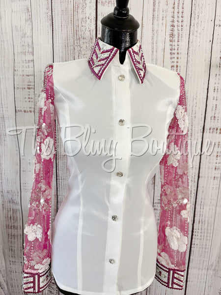White & Fuchsia Day Shirt Set With Lace Sleeves (S)
