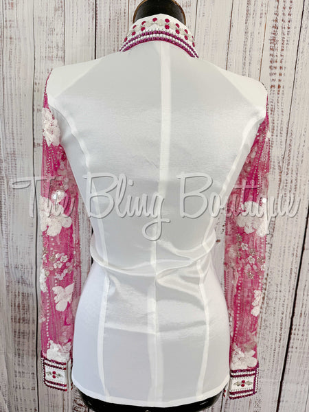 White & Fuchsia Day Shirt Set With Lace Sleeves (S)