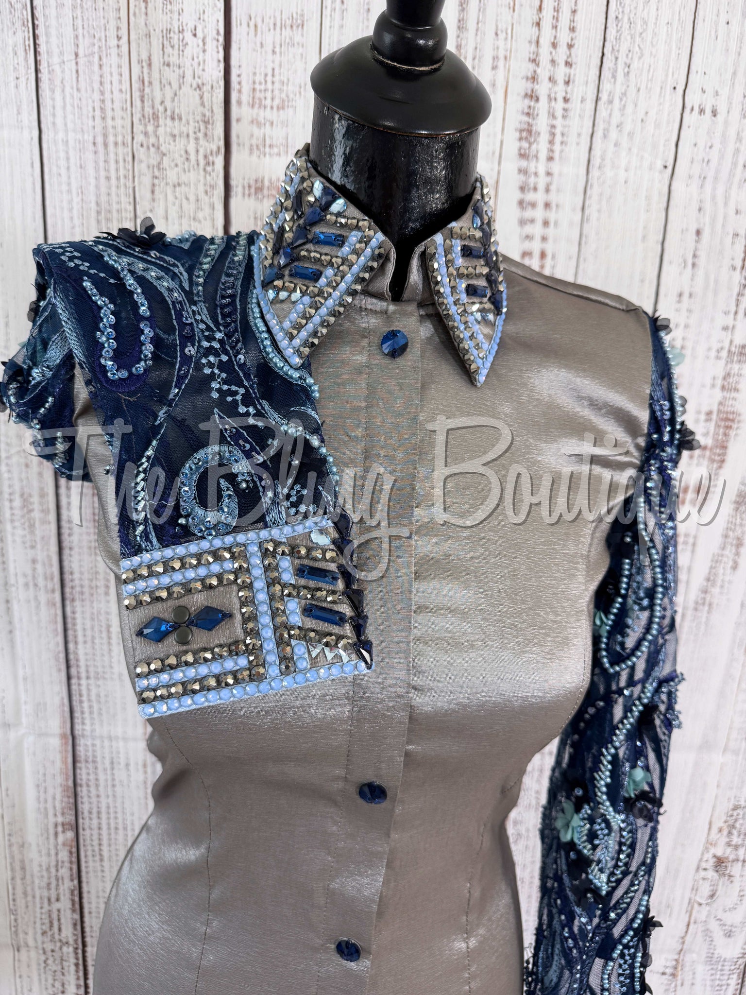Grey, Navy & Periwinkle Day Shirt With Lace Sleeves (S)