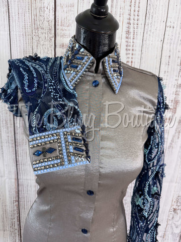 Grey, Navy & Periwinkle Day Shirt With Lace Sleeves (S)
