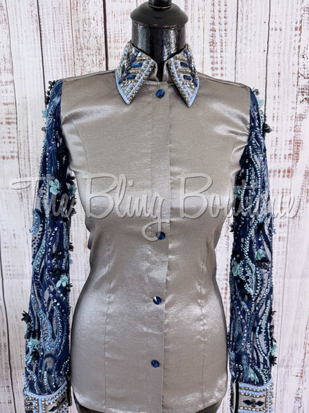 Grey, Navy & Periwinkle Day Shirt With Lace Sleeves (S)