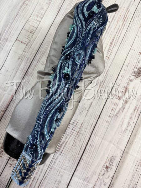 Grey, Navy & Periwinkle Day Shirt With Lace Sleeves (S)