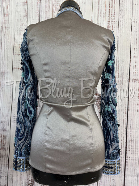 Grey, Navy & Periwinkle Day Shirt With Lace Sleeves (S)