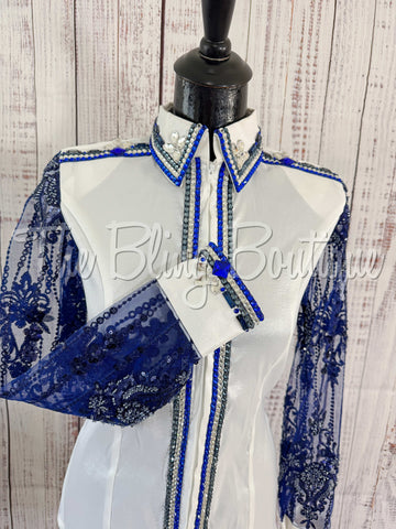 White & Navy Blue Day Shirt With Lace Sleeves (M)