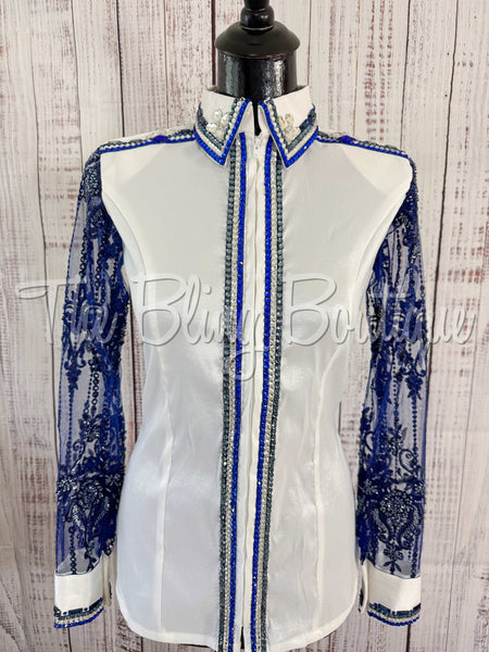 White & Navy Blue Day Shirt With Lace Sleeves (M)