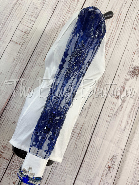 White & Navy Blue Day Shirt With Lace Sleeves (M)
