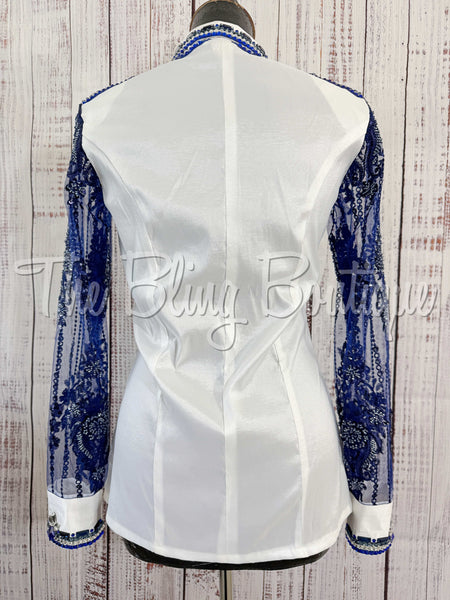 White & Navy Blue Day Shirt With Lace Sleeves (M)