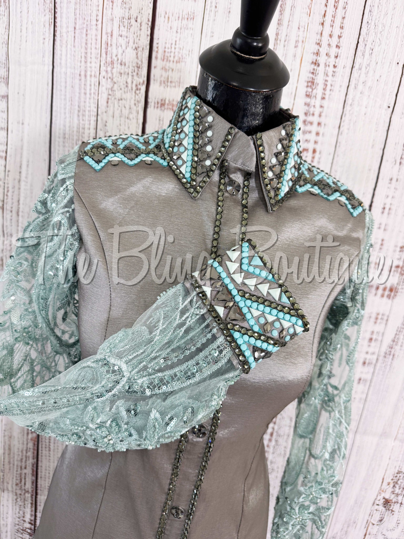 Grey & Aqua Day Shirt With Lace Sleeves (M)