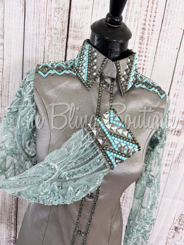 Grey & Aqua Day Shirt With Lace Sleeves (M)