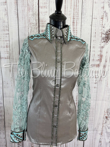 Grey & Aqua Day Shirt With Lace Sleeves (M)