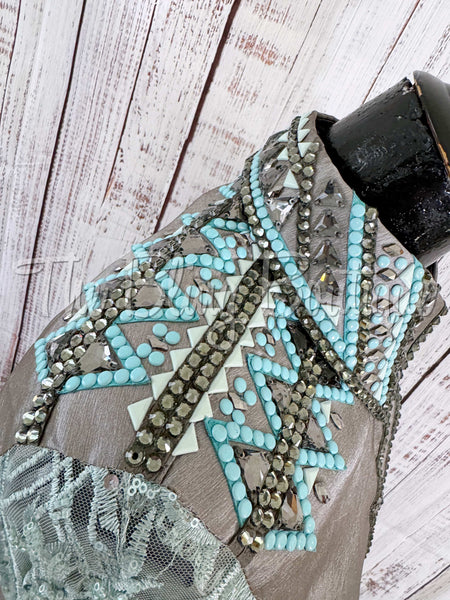 Grey & Aqua Day Shirt With Lace Sleeves (M)