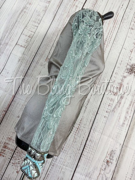 Grey & Aqua Day Shirt With Lace Sleeves (M)