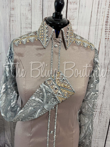 Fawn, Tan & Silver Day Shirt With Lace Sleeves (L)