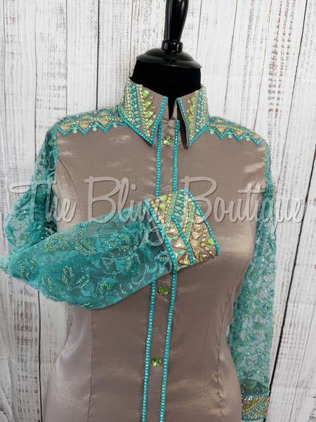 Fawn, Teal, Mint & Tan Day Shirt With Lace Sleeves (XL)