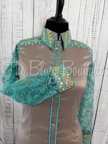 Fawn, Teal, Mint & Tan Day Shirt With Lace Sleeves (XL)