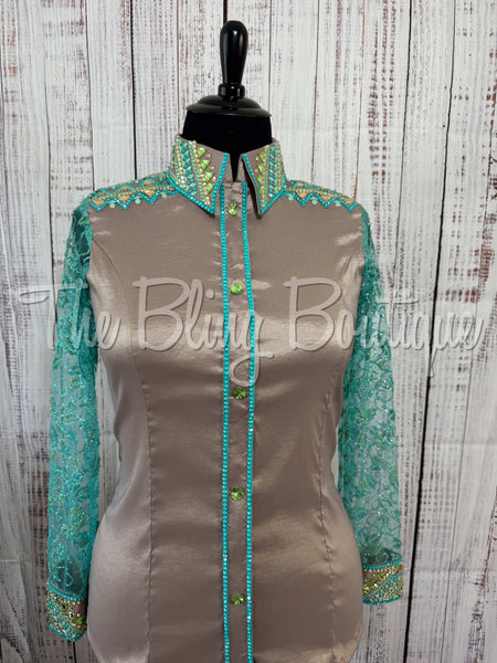 Fawn, Teal, Mint & Tan Day Shirt With Lace Sleeves (XL)