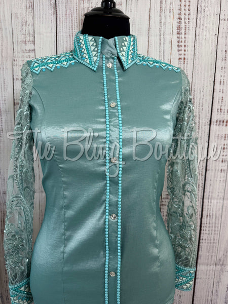 Sea Foam & Aqua Day Shirt With Lace Sleeves (XL)
