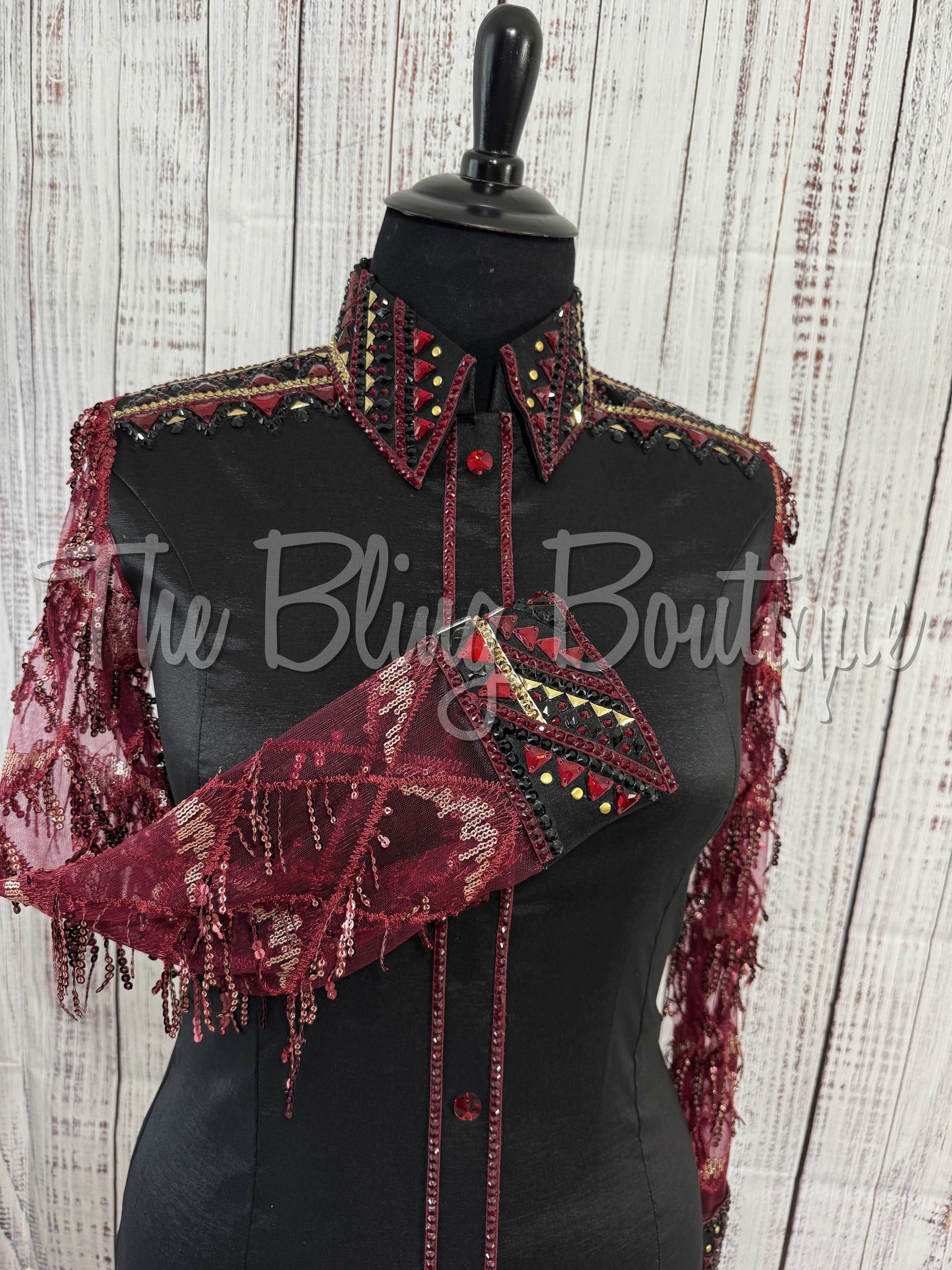 Black, Burgundy & Gold Day Shirt With Lace Sleeves (XL)