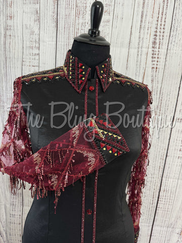 Black, Burgundy & Gold Day Shirt With Lace Sleeves (XL)