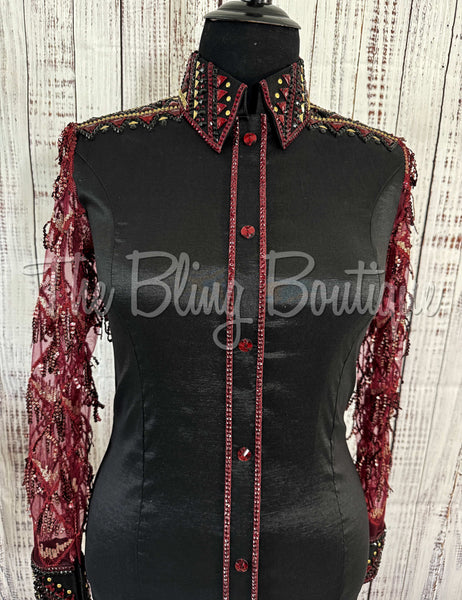 Black, Burgundy & Gold Day Shirt With Lace Sleeves (XL)