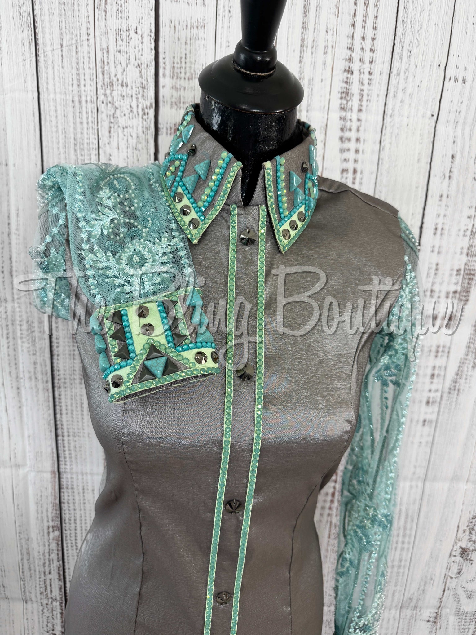 Grey, Mint & Teal Day Shirt With Lace Sleeves (M)