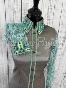 Grey, Mint & Teal Day Shirt With Lace Sleeves (M)
