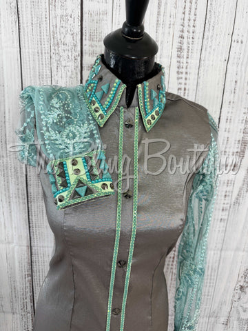 Grey, Mint & Teal Day Shirt With Lace Sleeves (M)