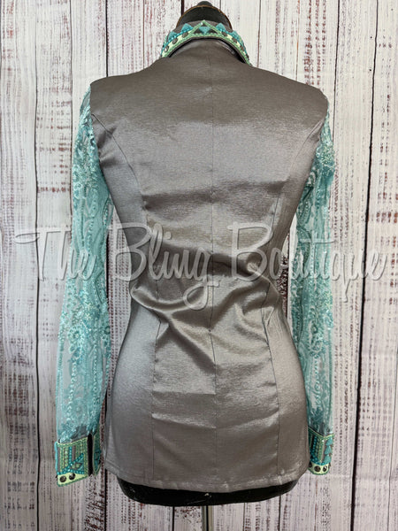 Grey, Mint & Teal Day Shirt With Lace Sleeves (M)