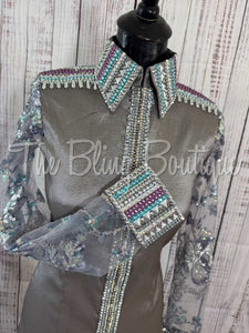 Grey, Purple & Turquoise Day Shirt With Lace Sleeves (M)