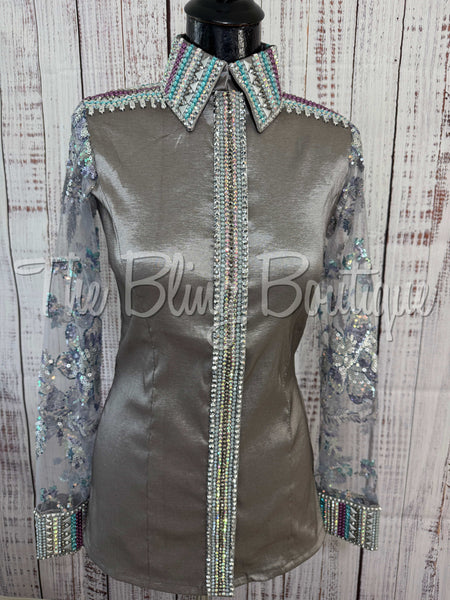 Grey, Purple & Turquoise Day Shirt With Lace Sleeves (M)