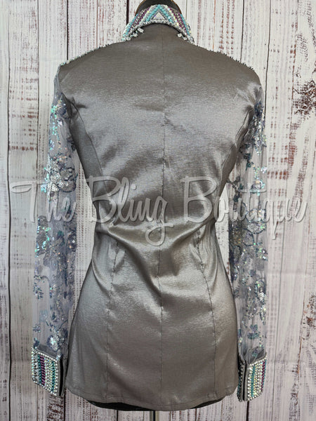 Grey, Purple & Turquoise Day Shirt With Lace Sleeves (M)