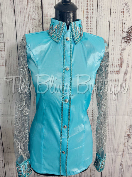 Turquoise & Silver Day Shirt With Lace Sleeves (M)