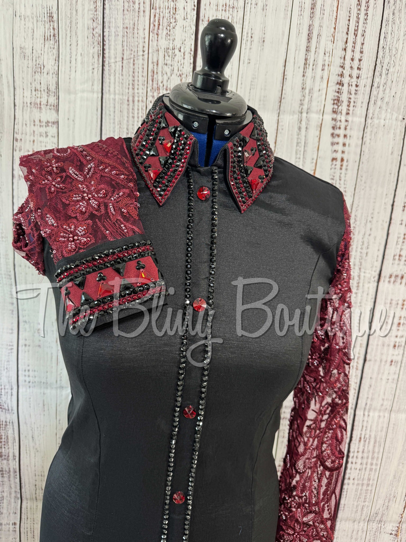 Black & Burgundy Day Shirt With Lace Sleeves (L)