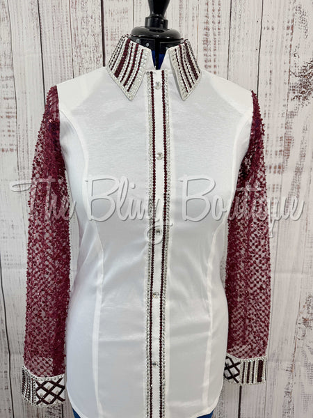 White & Burgundy Day Shirt With Lace Sleeves (L)