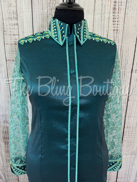 Ocean Teal, Teal & Mint Day Shirt With Sheer Sleeves (2XL)