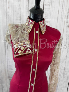 Dark Red & Tan Day Shirt With Lace Sleeves (S)