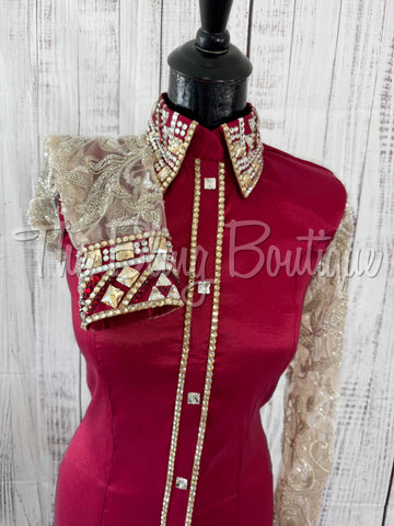Dark Red & Tan Day Shirt With Lace Sleeves (S)