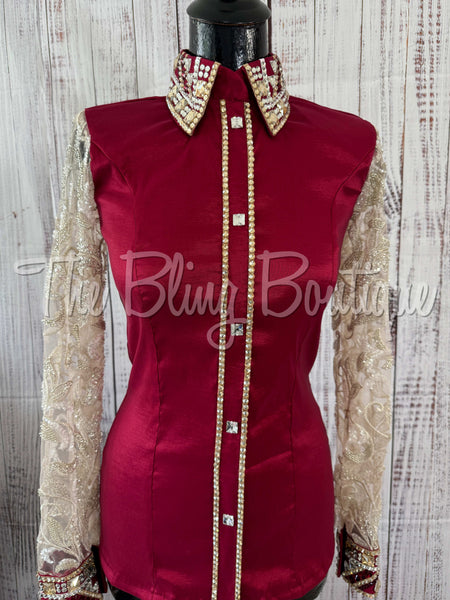 Dark Red & Tan Day Shirt With Lace Sleeves (S)