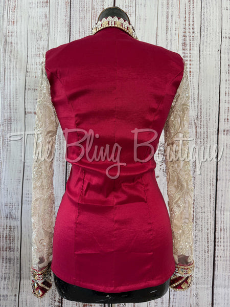 Dark Red & Tan Day Shirt With Lace Sleeves (S)