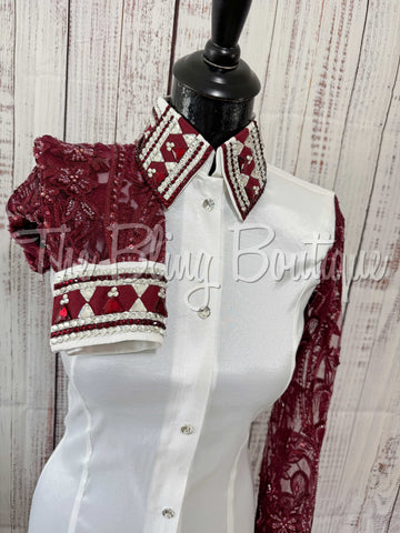 White & Burgundy Day Shirt With Lace Sleeves (S)