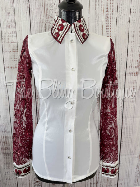 White & Burgundy Day Shirt With Lace Sleeves (S)