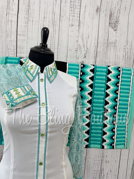 White, Teal & Mint Day Shirt Set With Sheer Sleeves (XL)