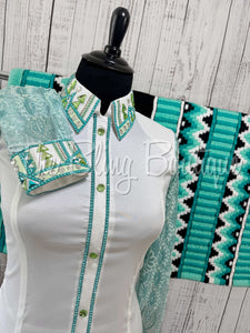 White, Teal & Mint Day Shirt Set With Sheer Sleeves (XL)