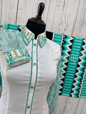 White, Teal & Mint Day Shirt Set With Sheer Sleeves (XL)