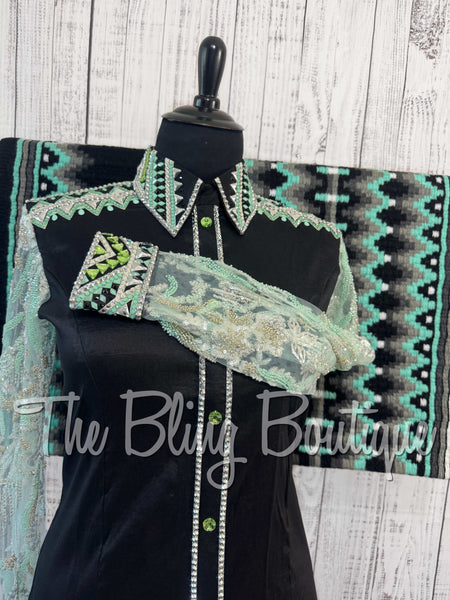 Black, Mint Green & Grey Day Shirt Set With Beaded Lace Sleeves (3XL)
