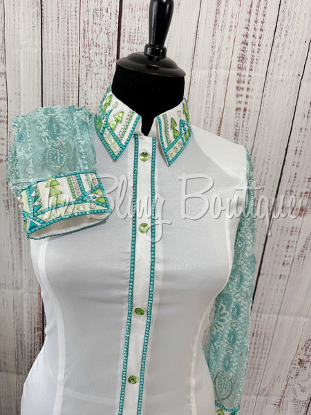 White, Teal & Mint Day Shirt Set With Sheer Sleeves (XL)