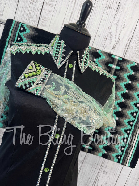 Black, Mint Green & Grey Day Shirt Set With Beaded Lace Sleeves (3XL)